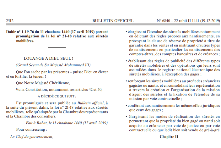 Loi n° 21-18 du 17 avril 2019 relative aux sûretés mobilières